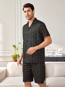 Men'S Geometric Pattern Short Sleeve Shirt And Shorts Homewear Set
