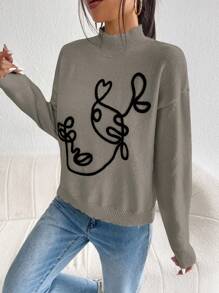 RueChic Figure Pattern Mock Neck Drop Shoulder Sweater - Camel - View 3