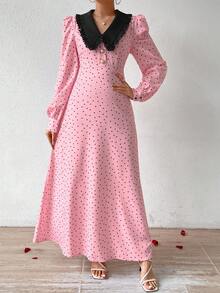 SHEIN Privé 女款撞色翻領心型印花a字收腰連身裙 - 粉色 - 查看 3