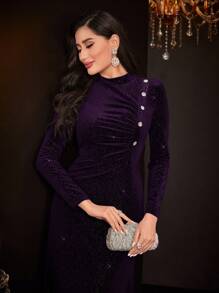 Modelyn 1 件立領紐帶裝飾長袖連身裙 - 紫色 - 查看 6