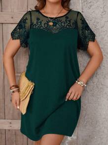 SHEIN Clasi Plus Size Short Sleeve Lace Panel Dress