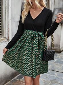 SHEIN LUNE 女式人字紋拼布腰帶連身裙 - 彩色 - 查看 1