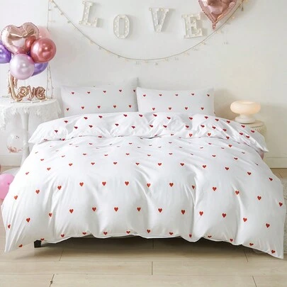 2/3Pcs/Set White Red Heart Shaped Love Pattern Print Duvet Cover Set Without Filler Breathable Supersoft All-Season (1pc*Duvet Cover + 1/2pcs*Pillowcase, No Pillow Core), Soft Two Tone Design Bedding Set For Ideal For Bedroom, Guest Room, Dormitory, 1pc Duvet Cover With 1/2pcs Pillowcase (Without Filler)Machine Washable King Queen Full Twin Size