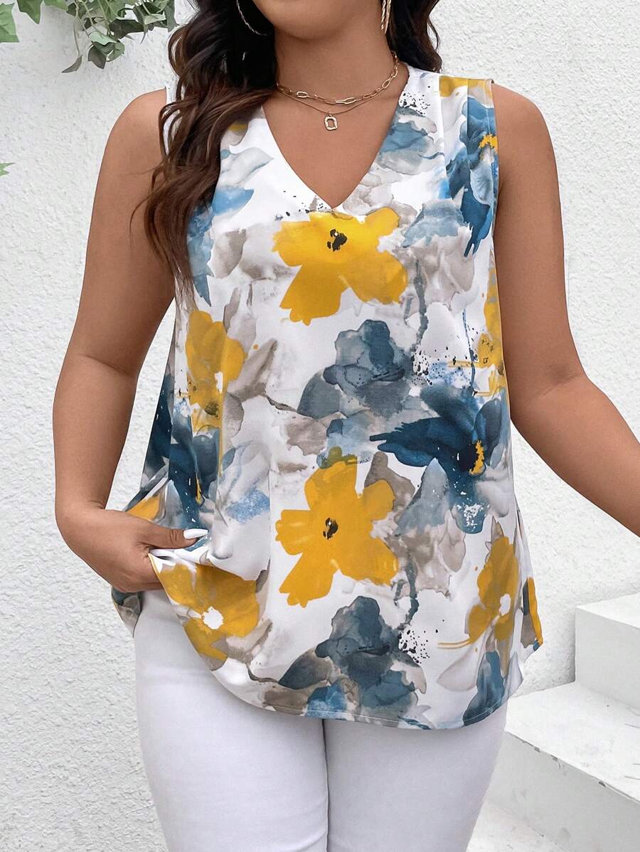 SHEIN Clasi Plus Size Women's Floral Printed Sleeveless Blouse For Summer - Yellow - View 1