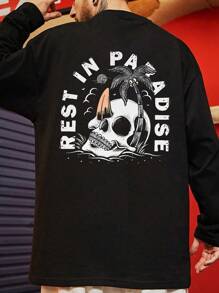 男士骷髅与字母图案落肩T恤，万圣节适用 - 黑色 - 查看 1