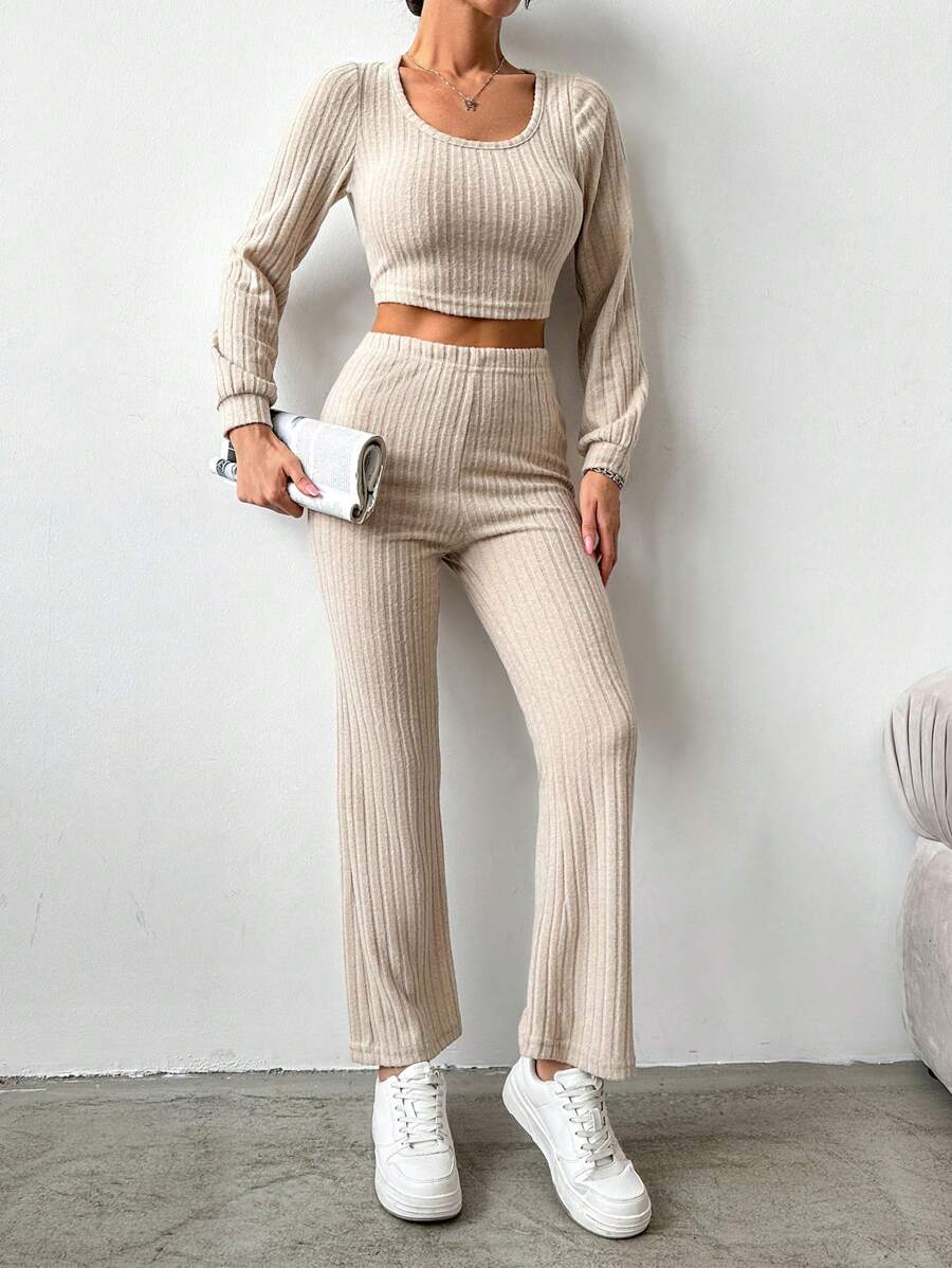 EURMUSE Lantern Sleeve Ribbed Knit T-shirt And Long Pants Set - Apricot - View 1