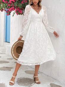 SHEIN VCAY Ladies' Solid Color White  Dress With Sweetheart Collar - White - View 1