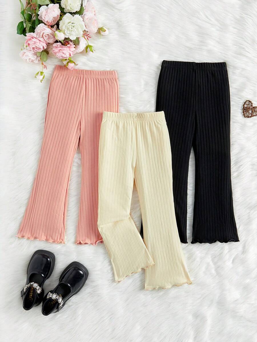 SHEIN Bộ 3 món quần ống loe ôm sát màu trơn cho bé gái, kiểu dáng thường ngày. - Màu be - Xem 1