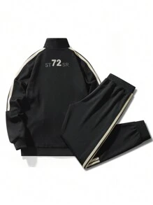 男士休闲舒适宽松撞色拼接运动衫和裤子套装，秋季服装 - 黑色 - 查看 4