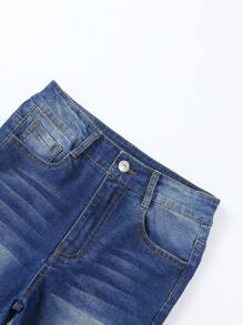 SHEIN Explorewe Tween Girl 褶飾喇叭牛仔褲 - 深色水洗藍 - 查看 6