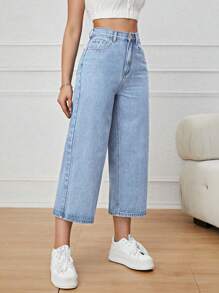 女式闊腿牛仔褲 - 淺色水洗藍 - 查看 3