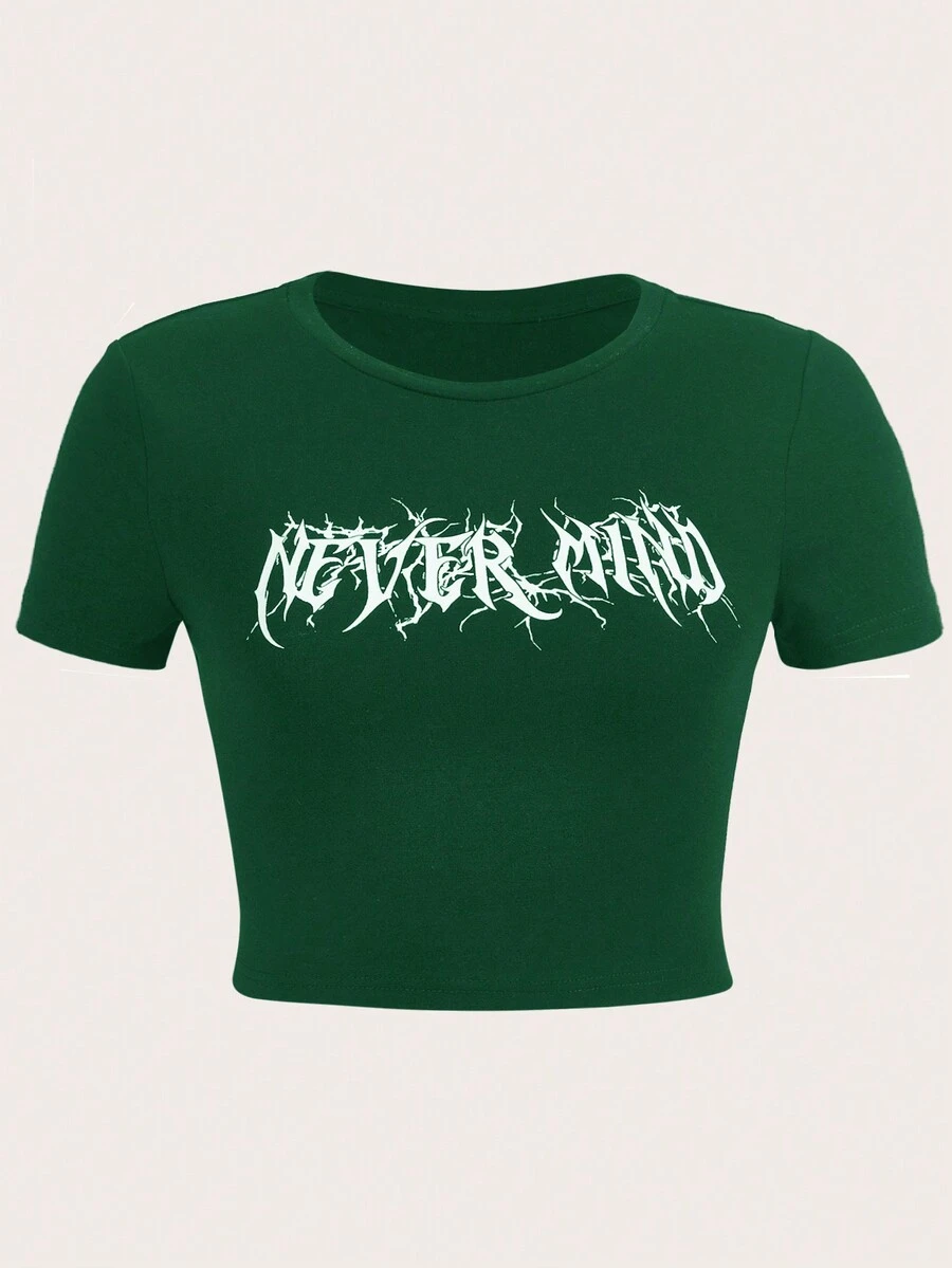 SHEIN EZwear Plus Size Letter Printed Short Sleeve T-Shirt - Dark Green - View 1