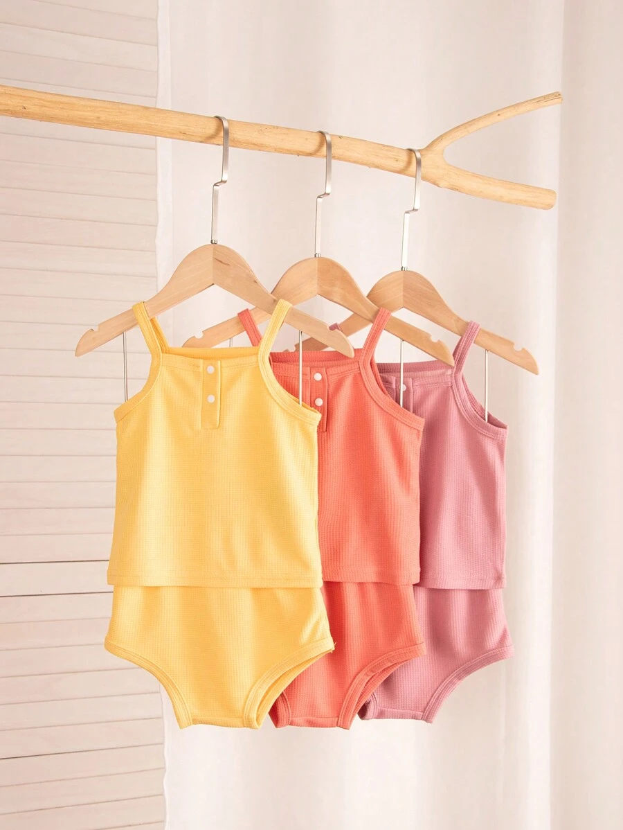 Conjunto de Top cami infantil feminina com botões frontais sem mangas e shorts - Multicolorido - Visão 1