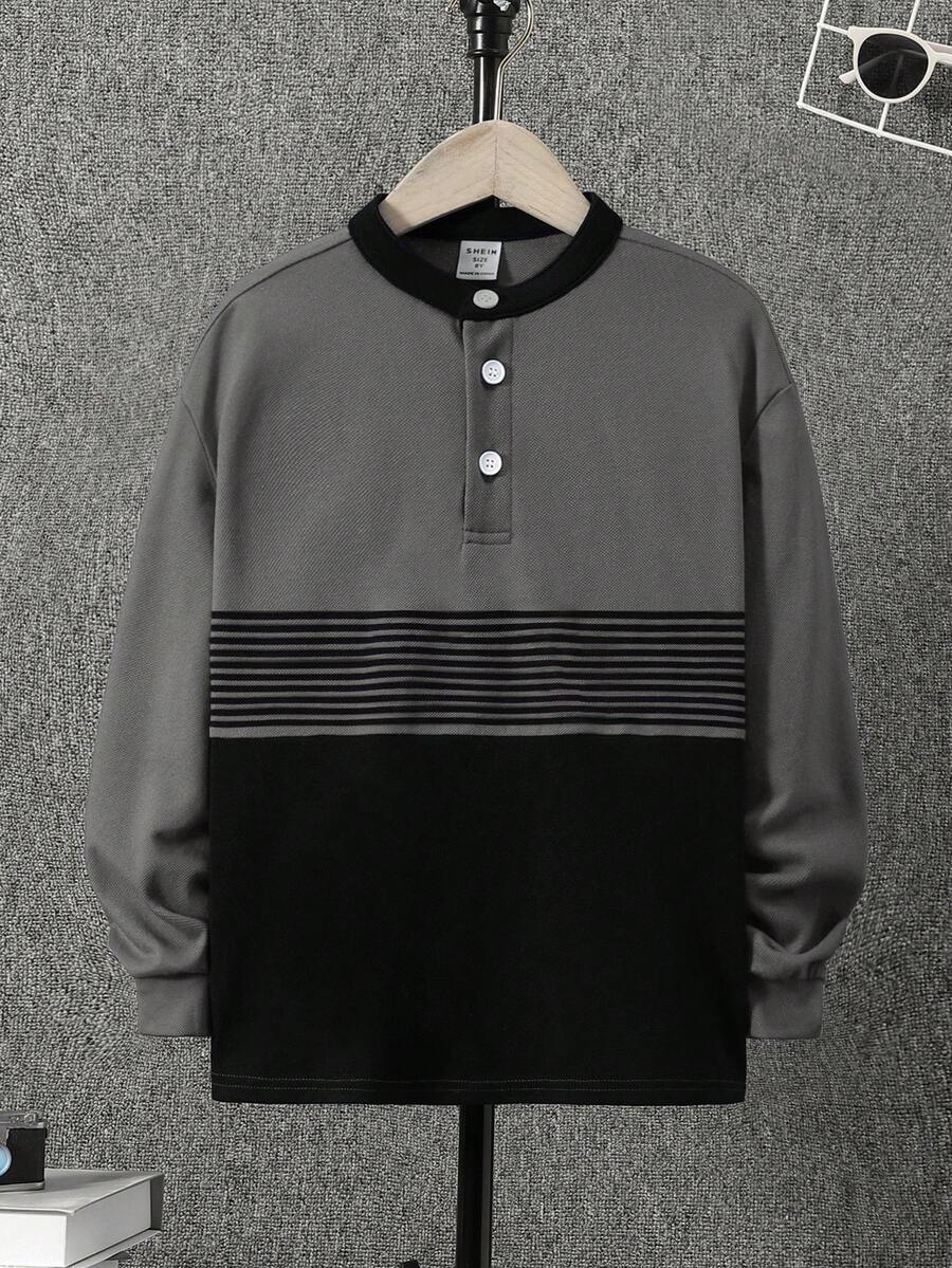 SHEIN Cậu bé Tween Giải trí Mẫu sọc Đứng cổ áo Chặn màu Áo polo - Xám - Xem 1