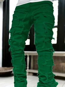 Tween Boys' Casual Solid Color Fleece Patchwork Denim Jeans - Green - View 3