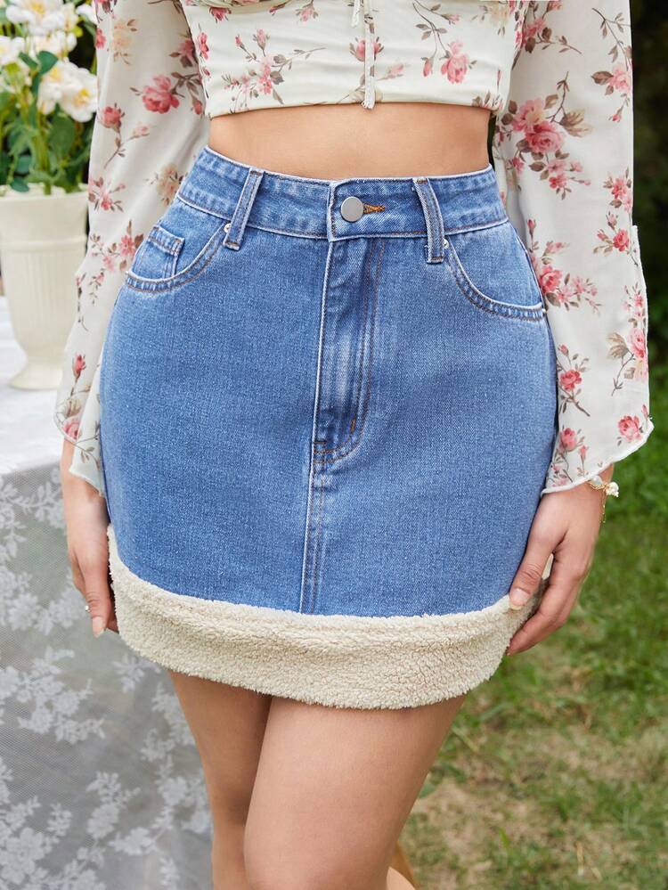 Women'S Plush & Denim Patchwork Skirt