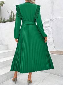 SHEIN Clasi 女式纯色盖袖褶皱系带连衣裙 - 綠色 - 查看 2