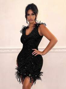 SHEIN SXY 女士紧身连衣裙，配珍珠、毛绒边缘和饰钉装饰 - 黑色 - 查看 5