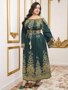 Al Najma Plus Size Women'S Plant Print Lace Up Waist Dress