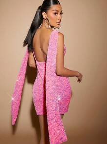 Hauture Draped Open Back Sequin Bodycon Dress - Pink - View 1