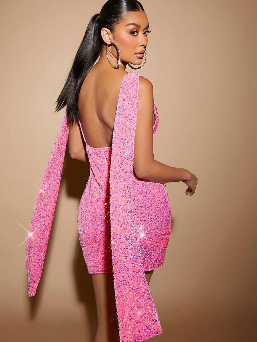 Hauture Draped Open Back Sequin Bodycon Dress - Pink - View 1