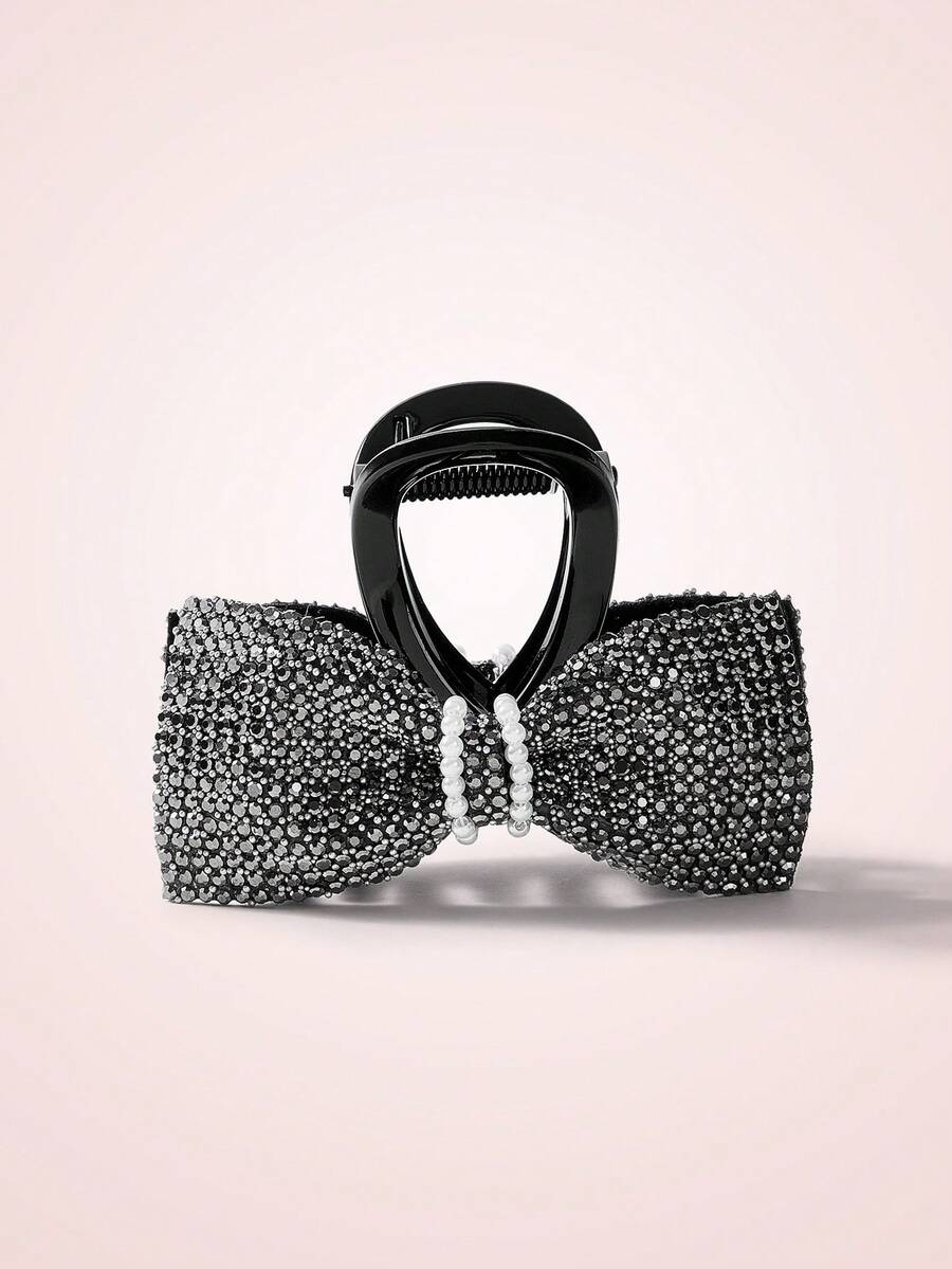 SHEIN MOD 1 件時尚蝴蝶結與水鑽裝飾髮夾 - 黑色 - 查看 1