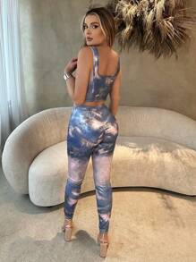 SHEIN SXY Quần legging nhuộm tie-dye cho nữ, thích hợp cho mùa xuân hè, tiệc độc thân, kỳ nghỉ xuân, sinh nhật, ngày Valentine, gợi cảm, chất liệu kim loại. - Màu xanh lam - Xem 6