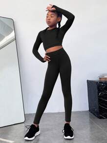 SHEIN Ropa Deportiva De Compresión De Color Sólido, Cómoda E Informal Para Niñas Preadolescentes - Negro - Ver 5