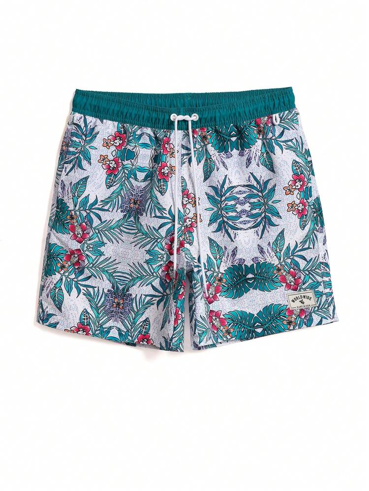 1pc Men's Tropical Printed Drawstring Waist Swim Trunks Beach Shorts Couples Matching Swimwear Vacation