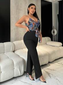 SHEIN SXY 女性的熱帶印花拼接露背連身褲 - 黑色 - 查看 6