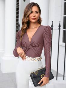 SHEIN Clasi 氣泡袖上衣,配有扭曲細節 - 藕粉色 - 查看 6