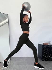 SHEIN Ropa Deportiva De Compresión De Color Sólido, Cómoda E Informal Para Niñas Preadolescentes - Negro - Ver 2