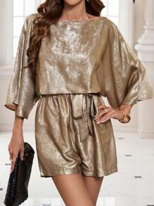 Zolique Con thuyền Đường viền cổ áo Dây thắt lưng Áo liền quần - Vàng - Xem 3