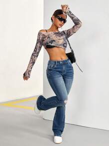 SHEIN PETITE Bootcut Jeans With Washed Finish - Blue - View 5