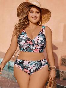 Swim Lushoire Bộ bikini dây rút bên hông in họa tiết nhiệt đới cỡ lớn đi biển mùa hè - Nhiều màu - Xem 4