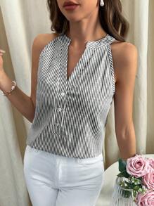 SHEIN Essnce Women's Vertical Striped Notched Collar Shirt - Black - View 3