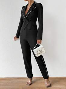 SHEIN Privé Women'S Suit With Rhinestone Decoration - Black - View 4