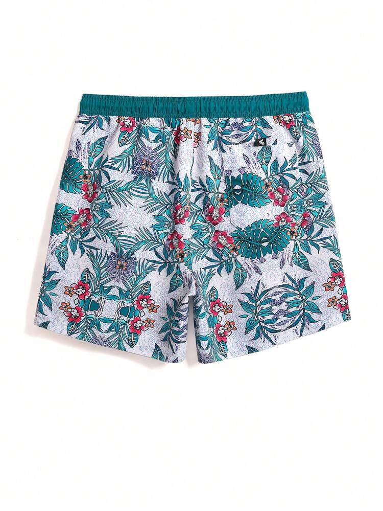 1pc Men's Tropical Printed Drawstring Waist Swim Trunks Beach Shorts Couples Matching Swimwear Vacation