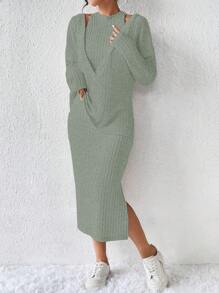 Chiquease 空心設計2合1上衣和裙子套裝 - 綠色 - 查看 3