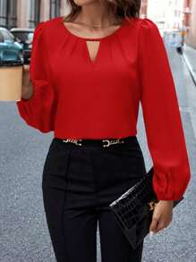 SHEIN Clasi Women's Keyhole Neck Lantern Sleeve Shirt,Long Sleeve Tops - Red - View 7