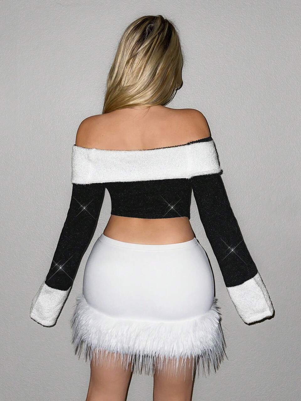 Asymmetrical Hem Color Block Off Shoulder Long Sleeve Knit Top