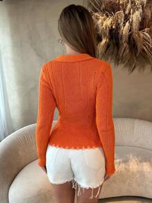 SHEIN SXY Women'S Solid Color Cross Tie Distressed Trim Sweater - Orange - View 4