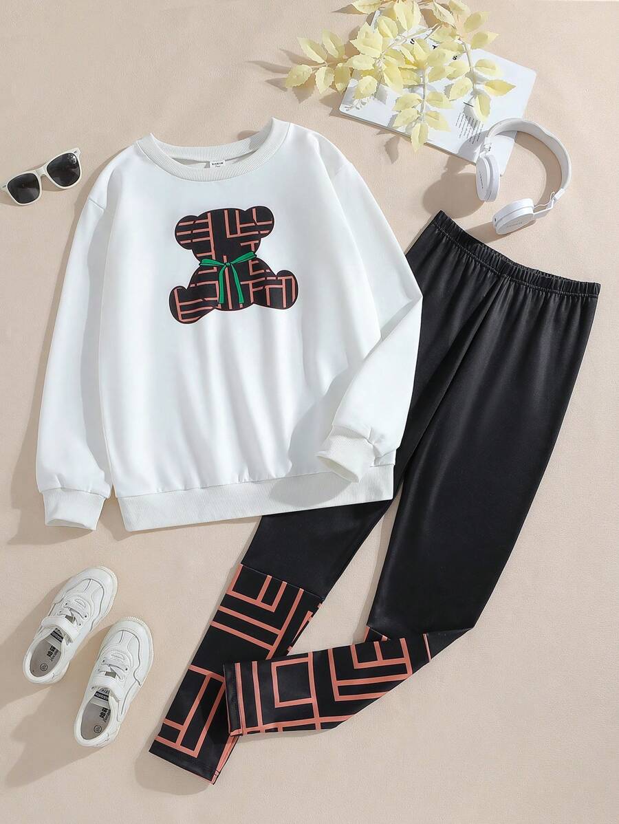 SHEIN Tween 女孩幾何圖案小熊印花衛衣拼接緊身褲套裝 - 白色 - 查看 1