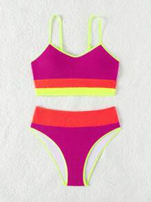SHEIN Color Block Textured Contrast Neon Trim Bikini Set Bathing Suit, Summer Beach - Multicolor - View 4