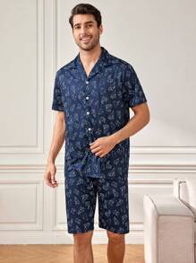 Conjunto Completo De Ropa De Casa Con Estampado Para Hombres - Azul - Ver 6