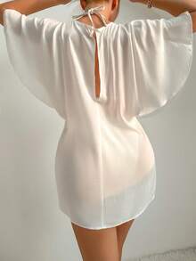 SHEIN Swim 女性純色蝙蝠袖防曬外套 - 白色 - 查看 2