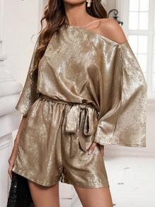 Zolique Con thuyền Đường viền cổ áo Dây thắt lưng Áo liền quần - Vàng - Xem 1