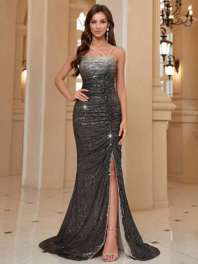 SHEIN Belle 女性漸變珠片織物百褶美人魚晚禮服