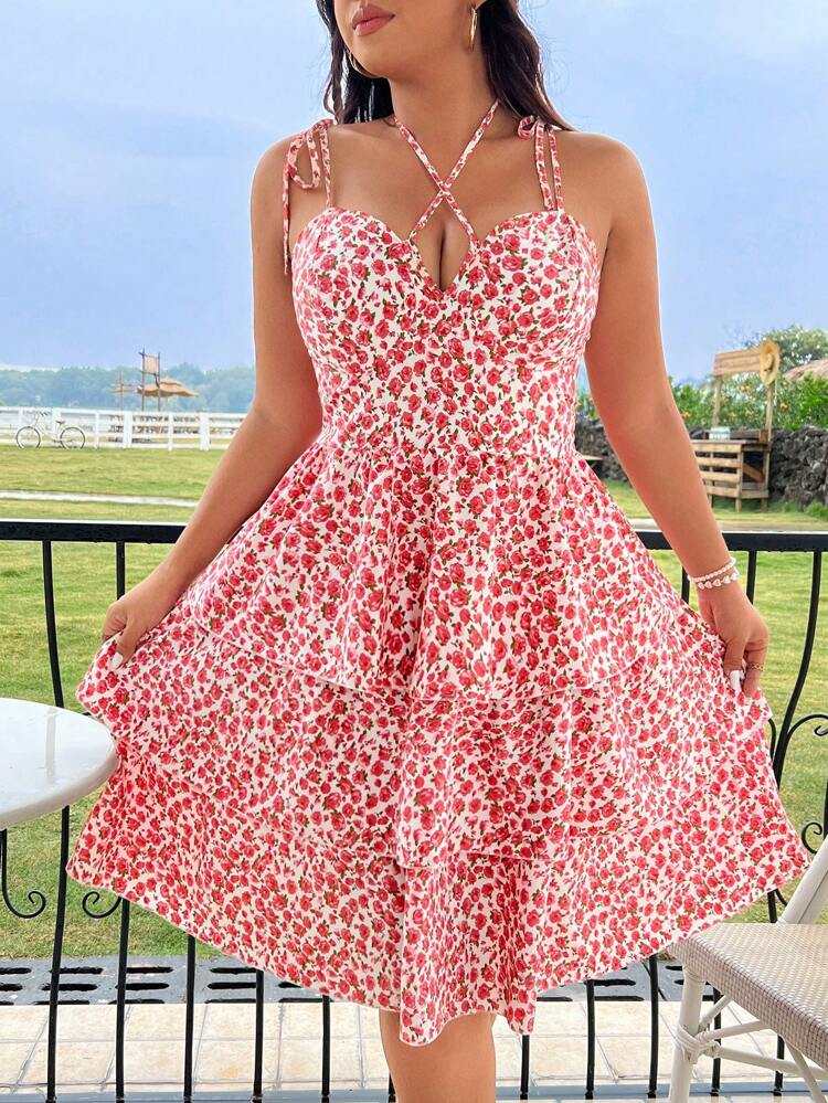 Plus Size Ditsy Floral Multi-Layered Ruffle Cami Dress
