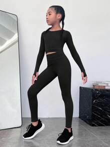SHEIN Ropa Deportiva De Compresión De Color Sólido, Cómoda E Informal Para Niñas Preadolescentes - Negro - Ver 4